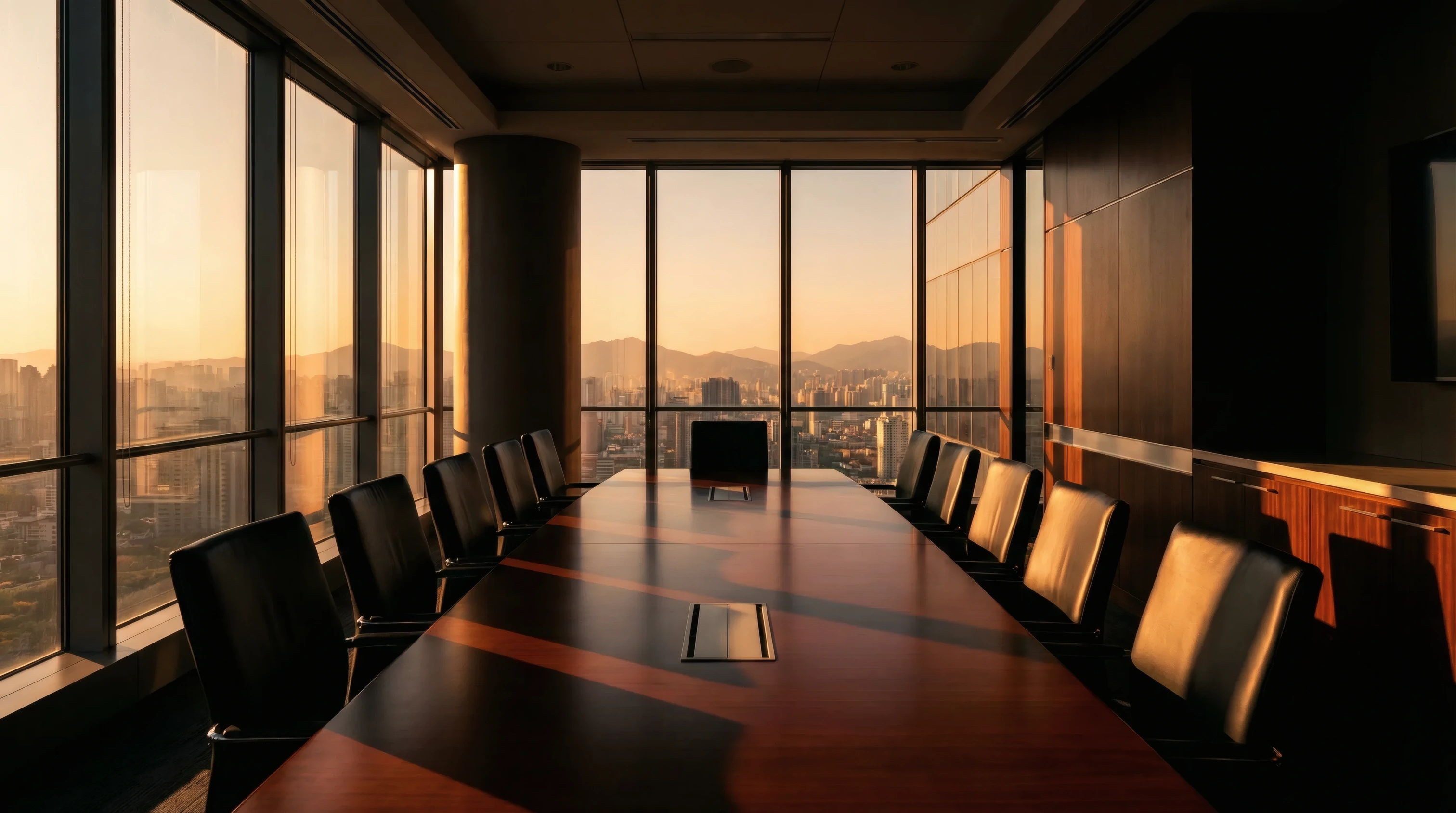 Executive boardroom overlooking a city skyline at golden hour