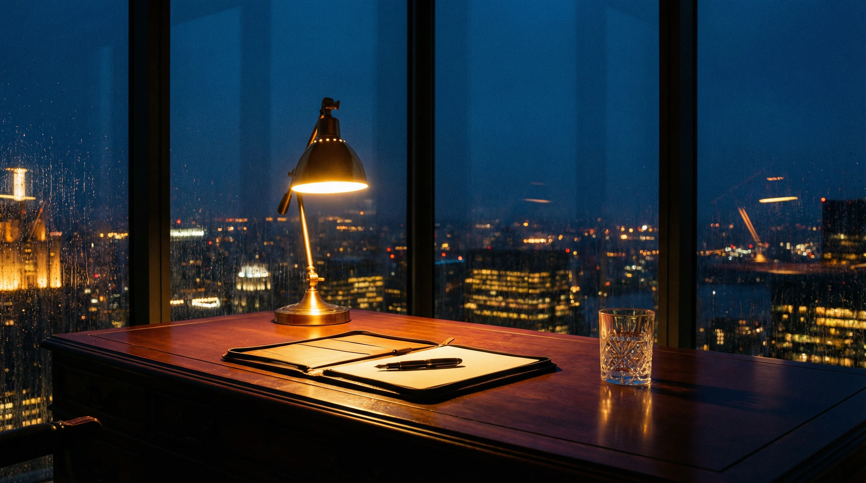 Executive desk overlooking city at blue hour