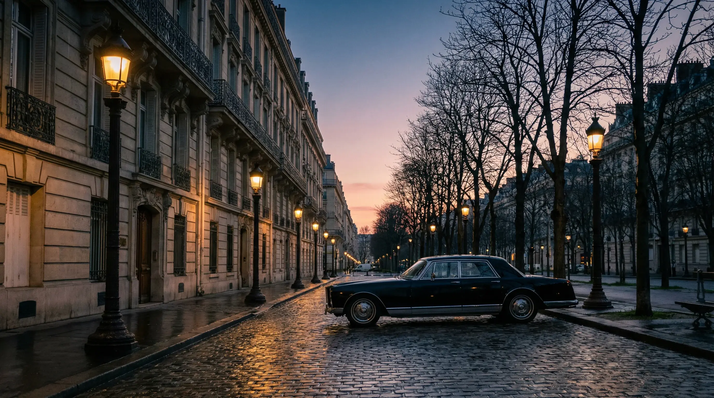 A quiet Haussmann boulevard in Paris at dawn