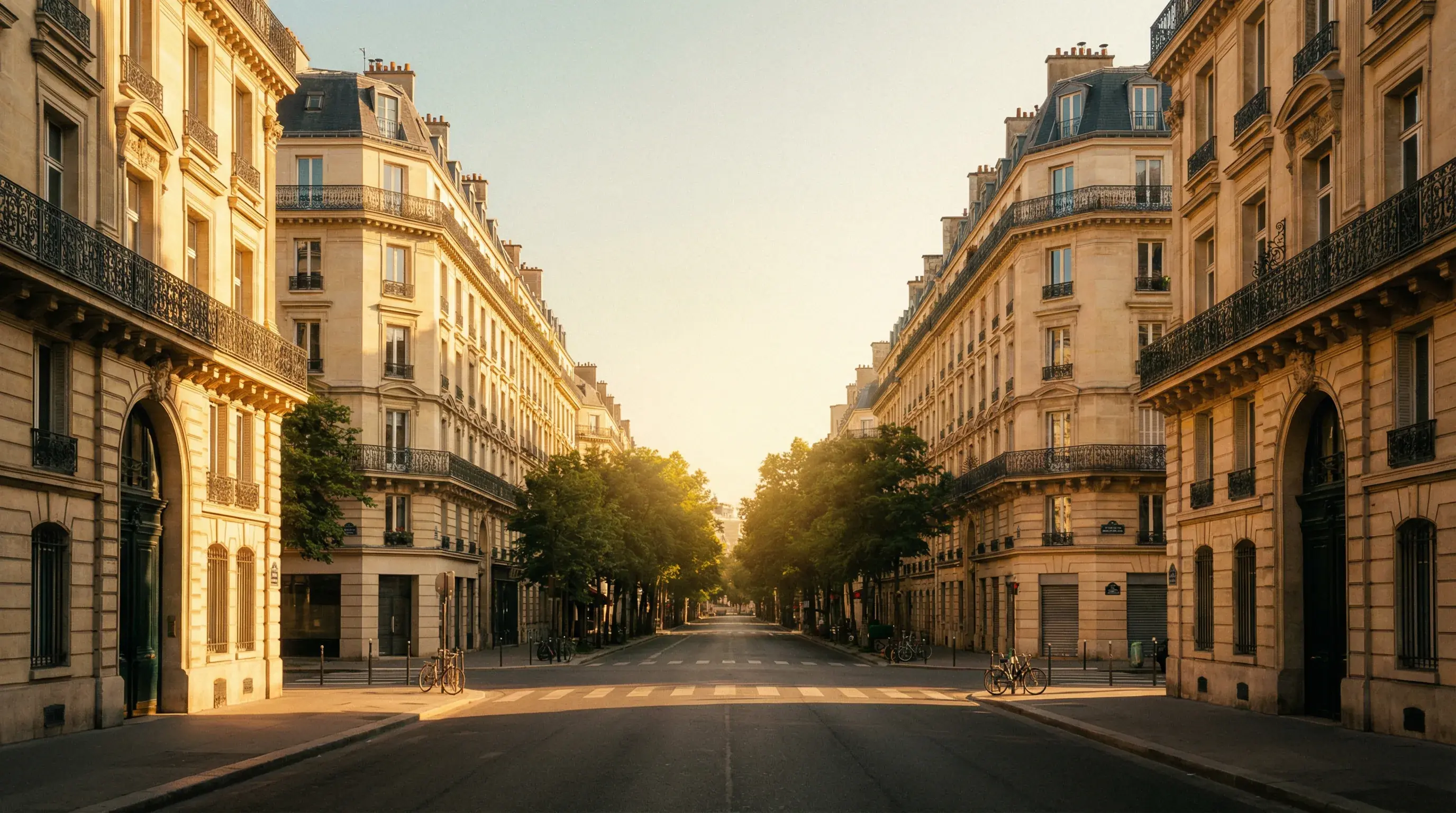 Elegant Haussmann building facade on the Champs-Élysées at golden hour